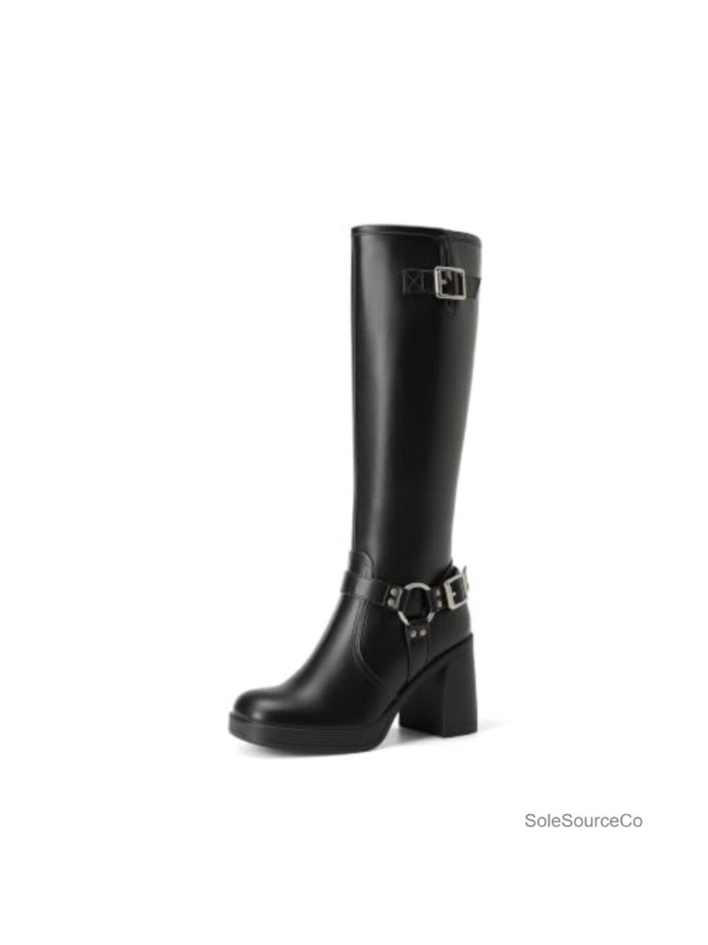 Platform Chunky Block Heel Knee High Moto Boots Faux Leather